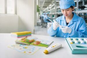 儿童点读笔与绘本在学习电子产品生产质检场景中展示